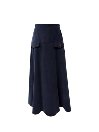 MIGNON DOO Navy Yoke Placket Corduroy 38" Skirt at Dress Code itsdresscode.com