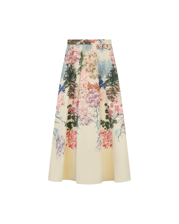 Ermanna Ivory Printed Wool Pleats 37" Skirt with Pockets