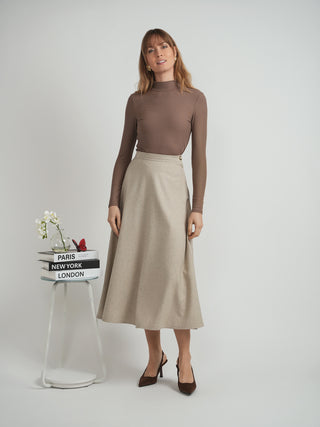Viva K WB5CM1700SM Oatmeal Wool 35" Skirt with Side Button Zipper at Dress Code itsdresscode.com