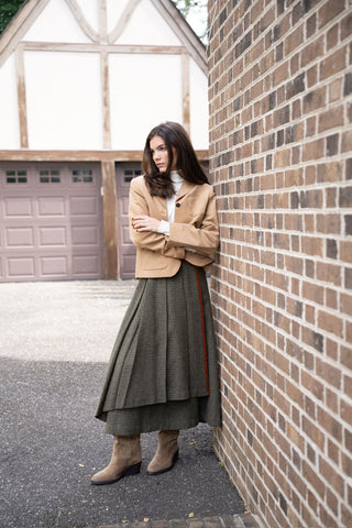 altimge1 for TRIPLEROOT Khaki Wool Plaid Pleat Wrap 35" Skirt at Dress Code itsdresscode.com