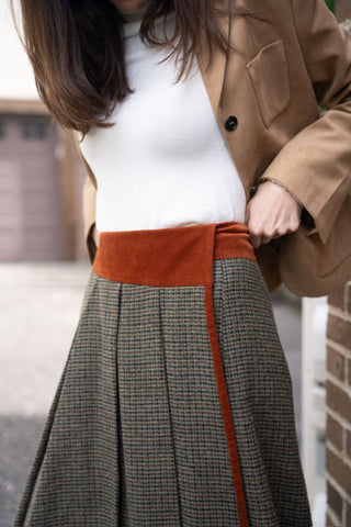 altimge4 for TRIPLEROOT Khaki Wool Plaid Pleat Wrap 35" Skirt at Dress Code itsdresscode.com