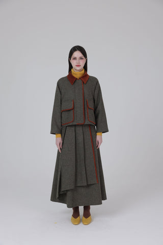 altimge1 for TRIPLEROOT Khaki Wool Plaid Pleat Wrap 35" Skirt at Dress Code itsdresscode.com