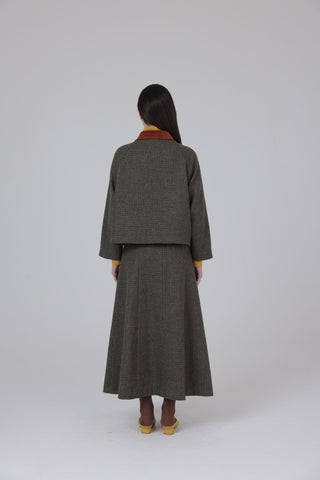 altimge2 for TRIPLEROOT Khaki Wool Plaid Pleat Wrap 35" Skirt at Dress Code itsdresscode.com