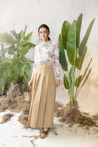 altimge1 MUN Beige Pleated Polaris 37"Skirt with Side Buckle at Dress Code itsdresscode.com