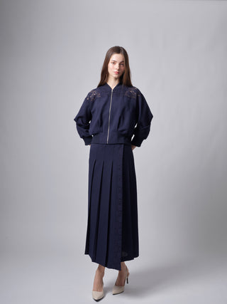 TR26SP22 Navy Fake Wrap Side Pleated 34" Skirt with Lace Design