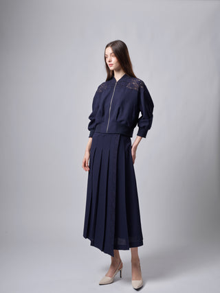 TR26SP22 Navy Fake Wrap Side Pleated 34" Skirt with Lace Design