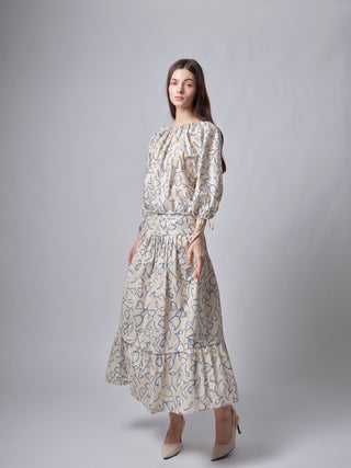 TR26SP32 Light Beige/Blue Print Heavy Shirring Pleated 36" Skirt with Yoke