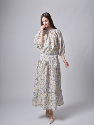 TR26SP32 Light Beige/Blue Print Heavy Shirring Pleated 36" Skirt with Yoke