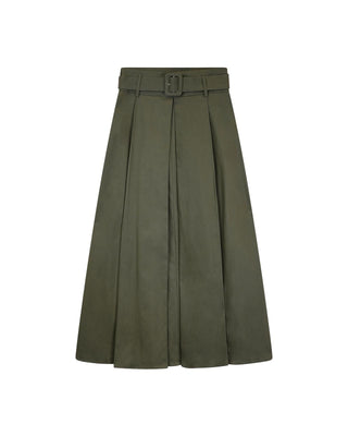 AVIGAL Khaki Green Front Pleated 36" Skirt with Belt at Dress Code itsdresscode.com