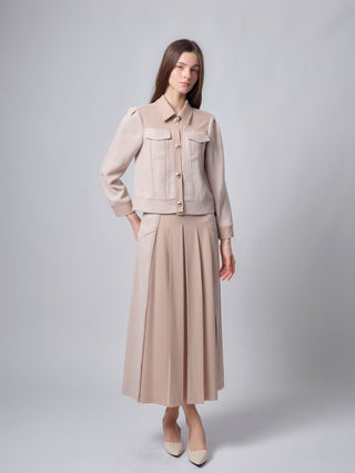 TR26SP16 Beige Tweed Mix Pleated 35" Skirt With Pockets