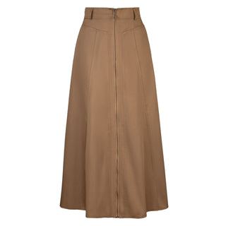Ermanna Camel Front Zipper Down Panel 36" Skirt at Dress Code itsdresscode.com
