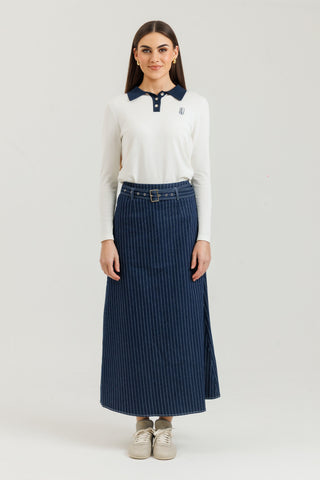 altimge1 LOUP Blue Denim Pinstripe 37 "Skirt with Belt at Dress Code itsdresscode.com
