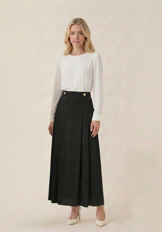 QUI Prive Black Side Pleated 36" Skirt with Waist Design at Dress Code itsdresscode.com 