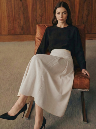 altimge2 QUI Prive Cream Side Pleated 36" Skirt with Waist Design at Dress Code itsdresscode.com 