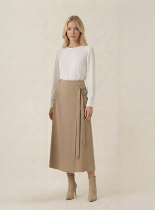 QUI Prive Beige Fake Wrap 38" Skirt with Double Side Buckle at Dress Code itsdresscode.com 
