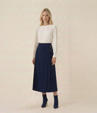 QUI Prive Dark Blue Fake Wrap 36" Skirt with Double Side Buckle at Dress Code itsdresscode.com 