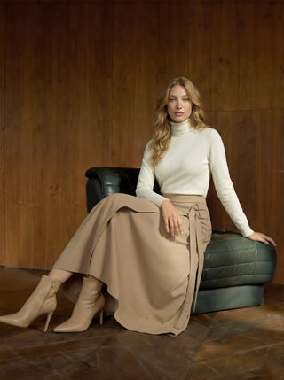 51263 Beige Fake Wrap 38" Skirt with Double Side Buckle