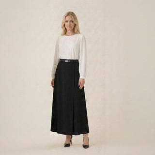 QUI Prive Black Front Stitched 38" Skirt with Leather Belt at Dress Code itsdresscode.com 