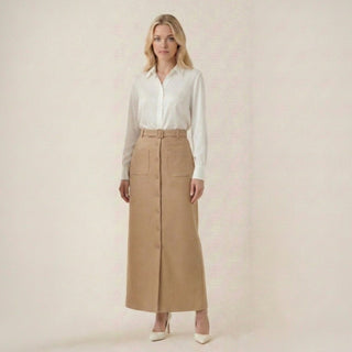 QUI Prive Beige Belted Front Button Down 38" Skirt with Pockets at Dress Code itsdresscode.com 