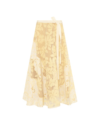 Beatrice Yellow Sheer Floral Embroidered 33" Skirt with Tie Waist at Dress Code itsdresscode.com