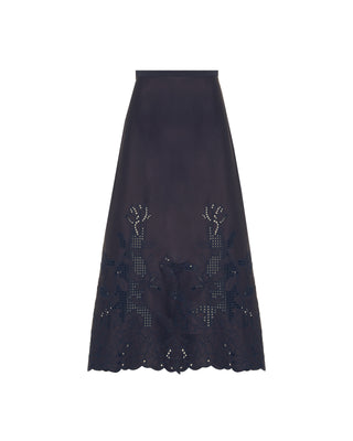Beatrice Navy A-Line Midi 34" Skirt with Embroidery Hem at Dress Code itsdresscode.com 