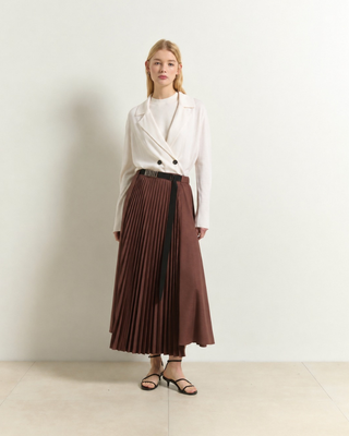 5990 Chocolate Brown  Front Accordion Pleated 36" Skirt with Belt