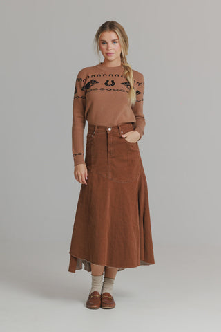 altimge1 for LOUP Brown Denim Everyday Stretch 35" Skirt at Dress Code itsdresscode.com
