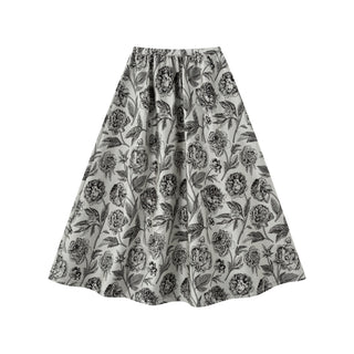 JANET HOWARD Silver Metallic English Rose Floral Print Gathered Waist Full Circle 32" Skirt at Dress Code itsdresscode.com