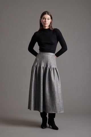 JANET HOWARD Lucia Sculpted Silver Metallic Tweed Pleated 36" Skirt at Dress Code itsdresscode.com