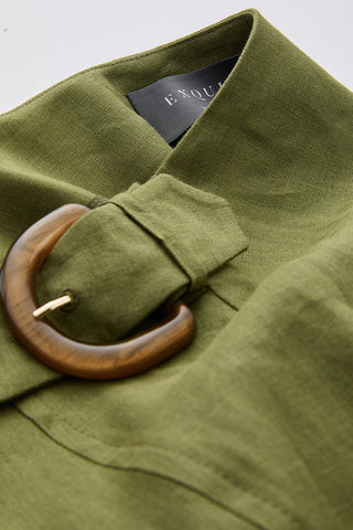 E26Y06215030 Khaki Green Linen Pleated Burnice 35" Skirt with Side Buckle