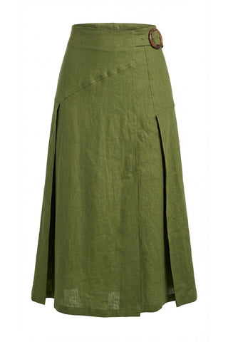 E26Y06215030 Khaki Green Linen Pleated Burnice 35" Skirt with Side Buckle