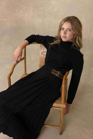 altimg2 for Intarsia  Black Wool Wrap Pleated 33" Skirt with Leather Buckles at Dress Code itsdresscode.com