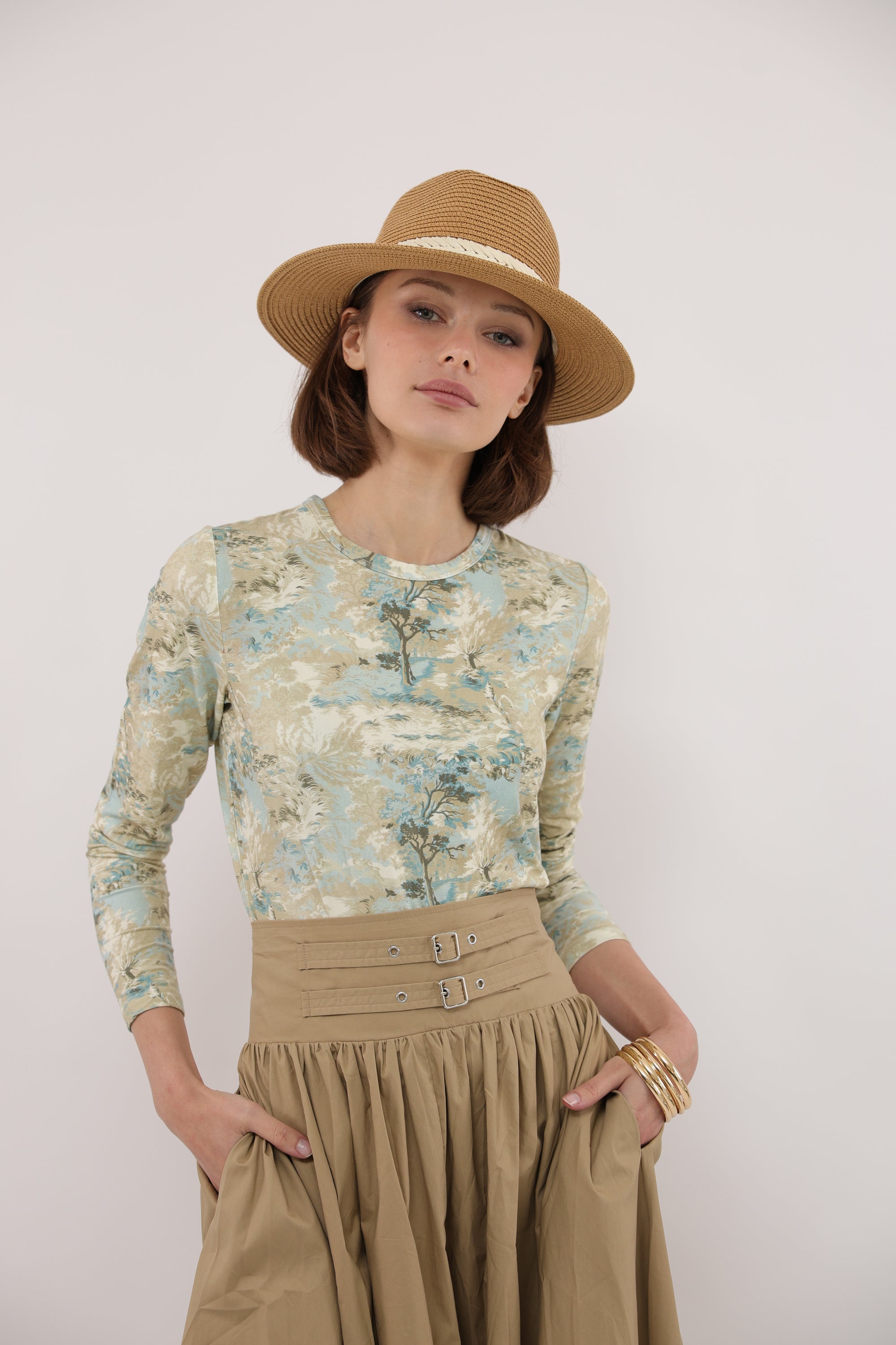 altimge2 for Byrd Tan MeMe Double Buckle Elastic Waist Gathered Circle 36" Skirt at Dress Code itsdresscode.com