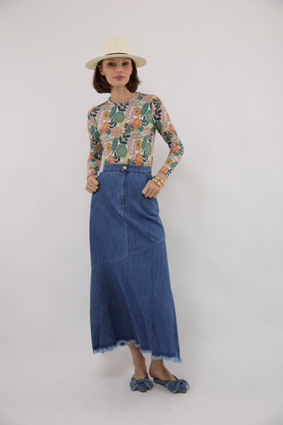 Byrd Blue Delle Denim Yoke Fringe 37" Skirt With Pockets at Dress Code itsdresscode.com