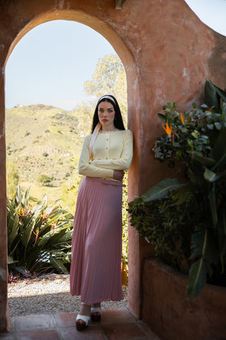 Noir Pink Fine Pleat  Maxi 38" Skirt with Pink Leather Belt at Dress Code itsdresscode.com 