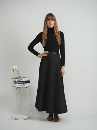 MAXMRKT Black Denim Two Panels Leather Waist 35" Skirt with Side Zipper at Dress Code itsdresscode.com
