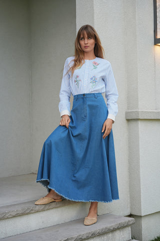Faves Dark Blue Denim A Line Fringe 36" Skirt