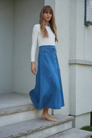 altimge2 for Faves Dark Blue Denim Flared Button 36" Skirt  at Dress Code itsdresscode.com