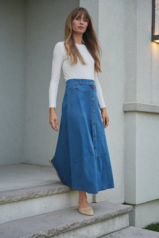 altimge1 for Faves Dark Blue Denim Flared Button 36" Skirt at Dress Code itsdresscode.com