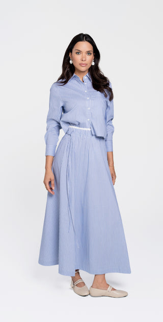 altimge1 for Luum Blue Charlotte Pinstripe Double Waistband Drawstring Maxi 36" Skirt at Dress Code itsdresscode.com
