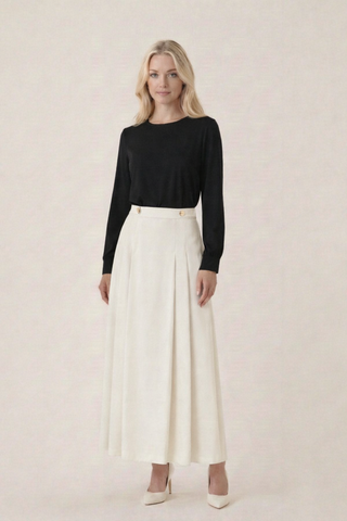 altimge1 QUI Prive Cream Side Pleated 36" Skirt with Waist Design at Dress Code itsdresscode.com 