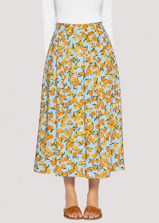 WSWZ06489 Blue/Orange Citrus Pleated Button Down Soiree 31"-34" Skirt