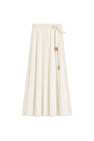 AVIGAL White Soft Pleated Side Tie 34"-37" Skirt with Leather Tab at Dress Code itsdresscode.com