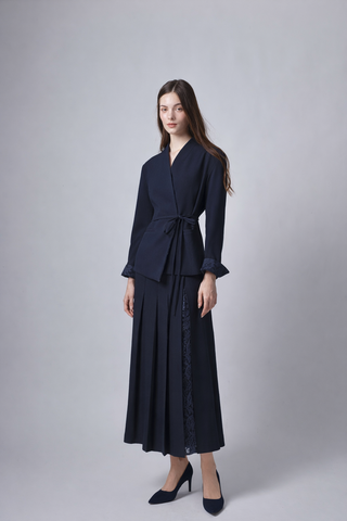 TRIPLEROOT Navy Pleated 35" Skirt with Lace Inside Design at Dress Code itsdresscode.com