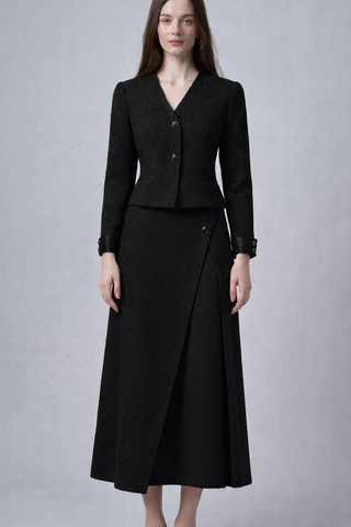TRIPLEROOT Black Fake Wrap Layered Asymmetrical 34" Skirt at Dress Code itsdresscode.com