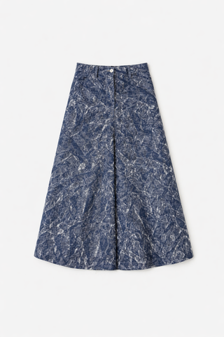 GAIOFATTO Blue Denim Jacquard Front Pleated 31" Skirt at Dress Code itsdresscode.com