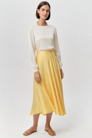 EXQUISE Yellow Satin Flowy Aundray 33" Skirt at Dress Code itsdresscode.com