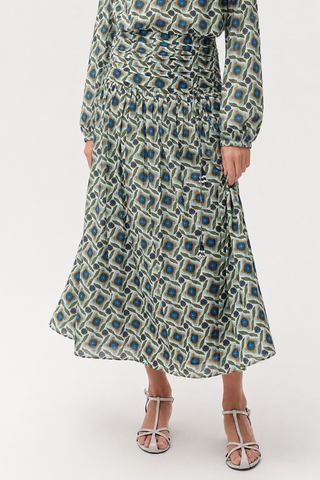 EXQUISE Green Multi Color Smocked Waist Cotton Eldon 37" Skirt at Dress Code itsdresscode.com