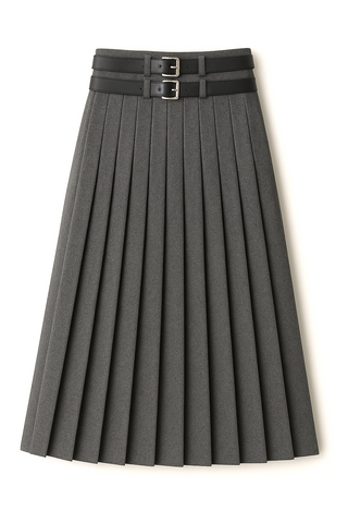 DW5M9182B Charcoal Wool Pleated Double Black Leather Belts 38" Skirt