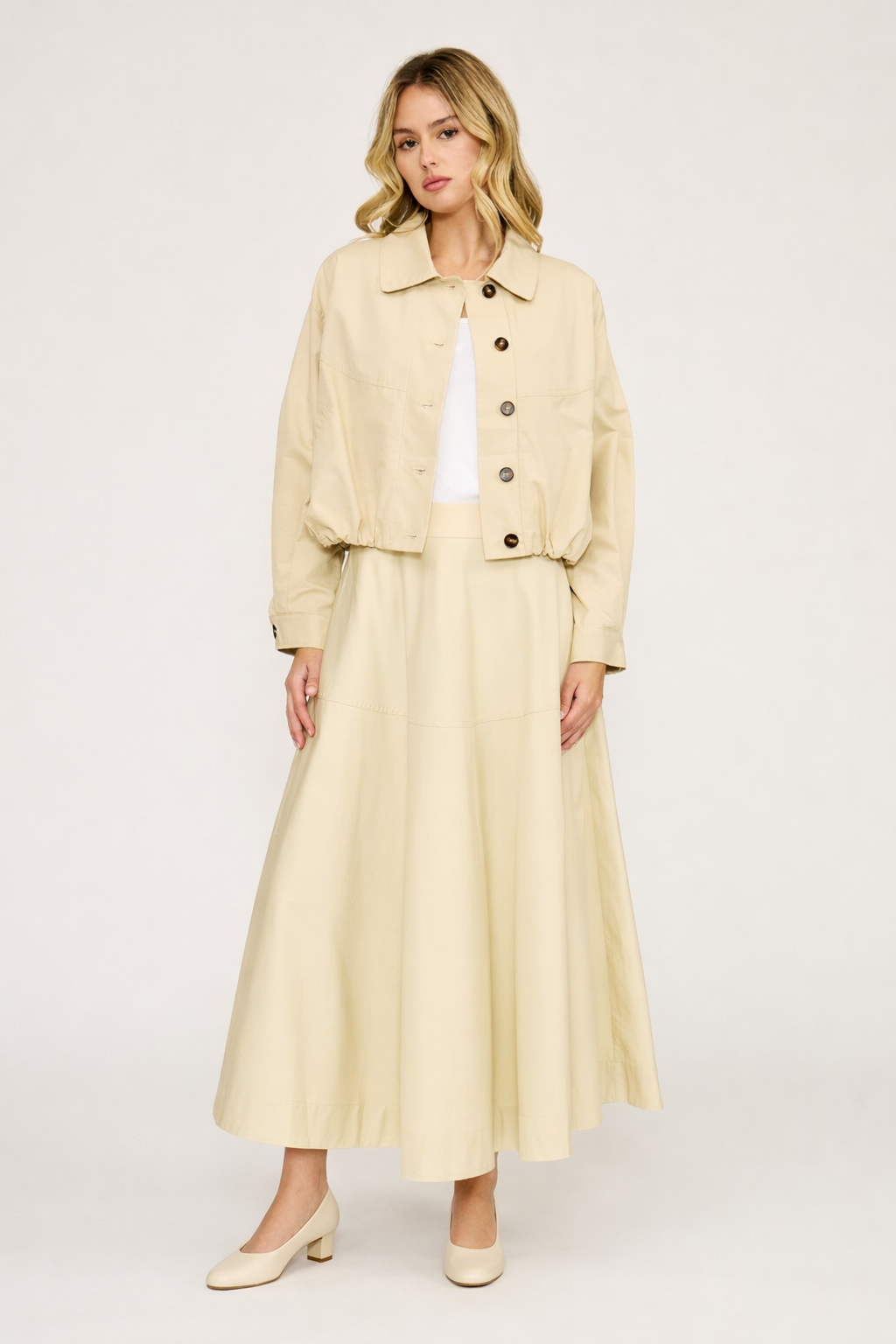 Lucy Paris Light Beige Racquel Front Pleat 35" Skirt at Dress Code itsdresscode.com